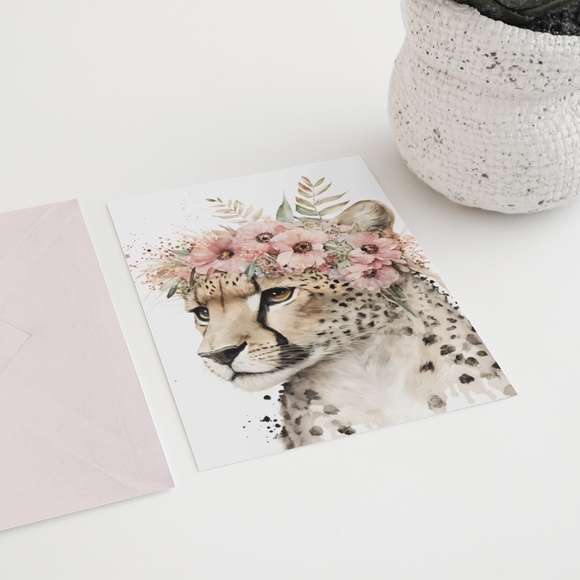 Cute Floral Cheetah Watercolor Wall Art Illustration Print Poster Card Unframed - Picture 6 of 8